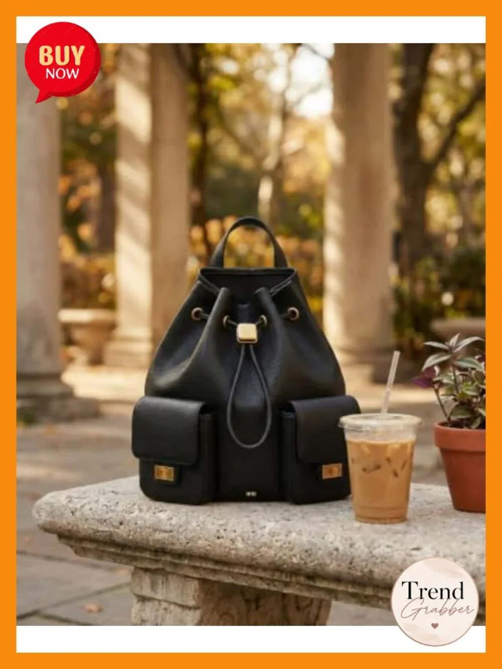 Vegan Leather Drawstring Utility Backpack Fits Phone